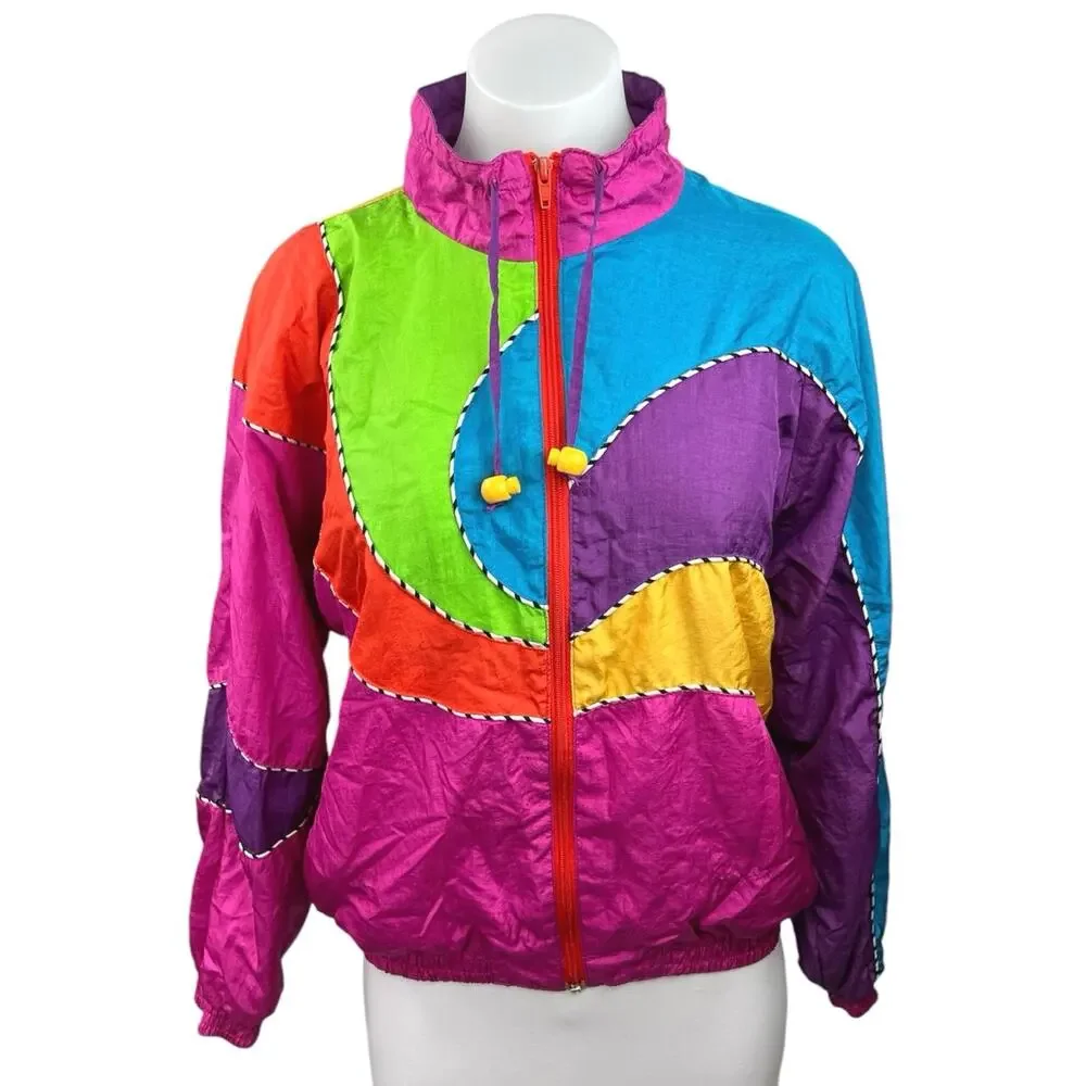 Vintage 80’s Lavon Multicolor Colorblock Zip Up High Neck Windbreaker Jacket S